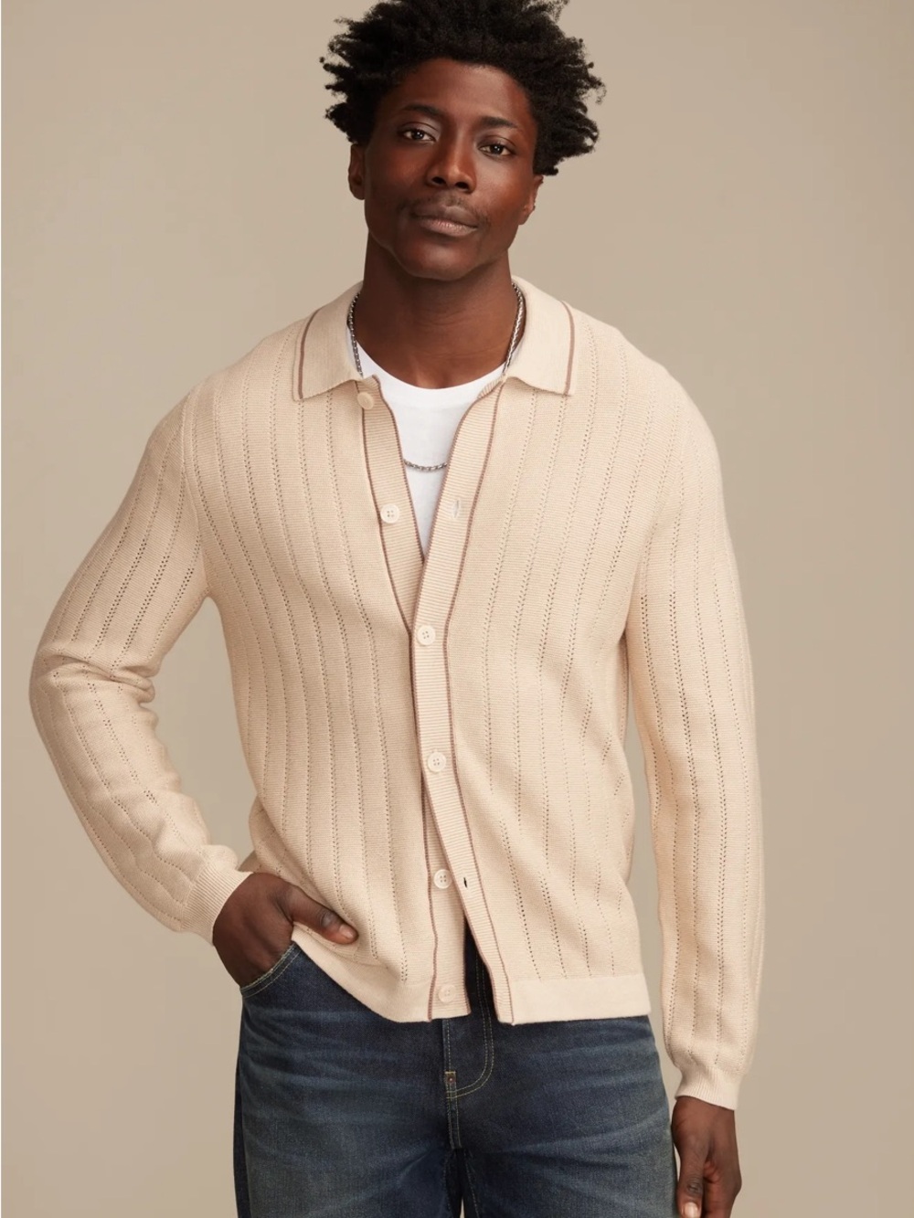 Men’s Lucky Brand Long Sleeve Button Down Sweater Color OAT MILK SZ L NWT